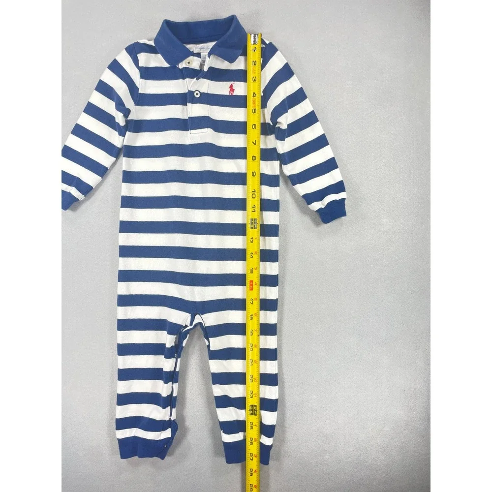 Ralph Lauren Baby Boy Cotton Piqué Polo Coverall Blue Stripe 18M